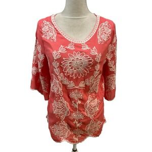 Solitaire Sz L ANTHROPOLOGIE Red Embroidered All Over Top Blouse Boho‎ Festival